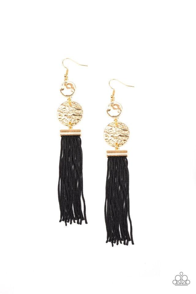 Paparazzi Accessories Lotus Gardens - Black A collection of black cording streams from the bottom of stacked hammered gold discs, creating a whimsical tassel. Earring attaches to a standard fishhook fitting. Jewelry
