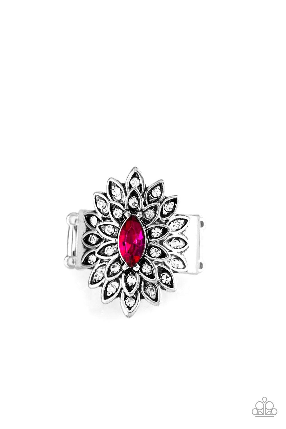 Paparazzi Accessories Blooming Fireworks - Pink Dotted in dainty white rhinestones, silver petals radiate from a regal pink marquise shaped rhinestone center for an edgy look. Features a stretchy band for a flexible fit. Jewelry