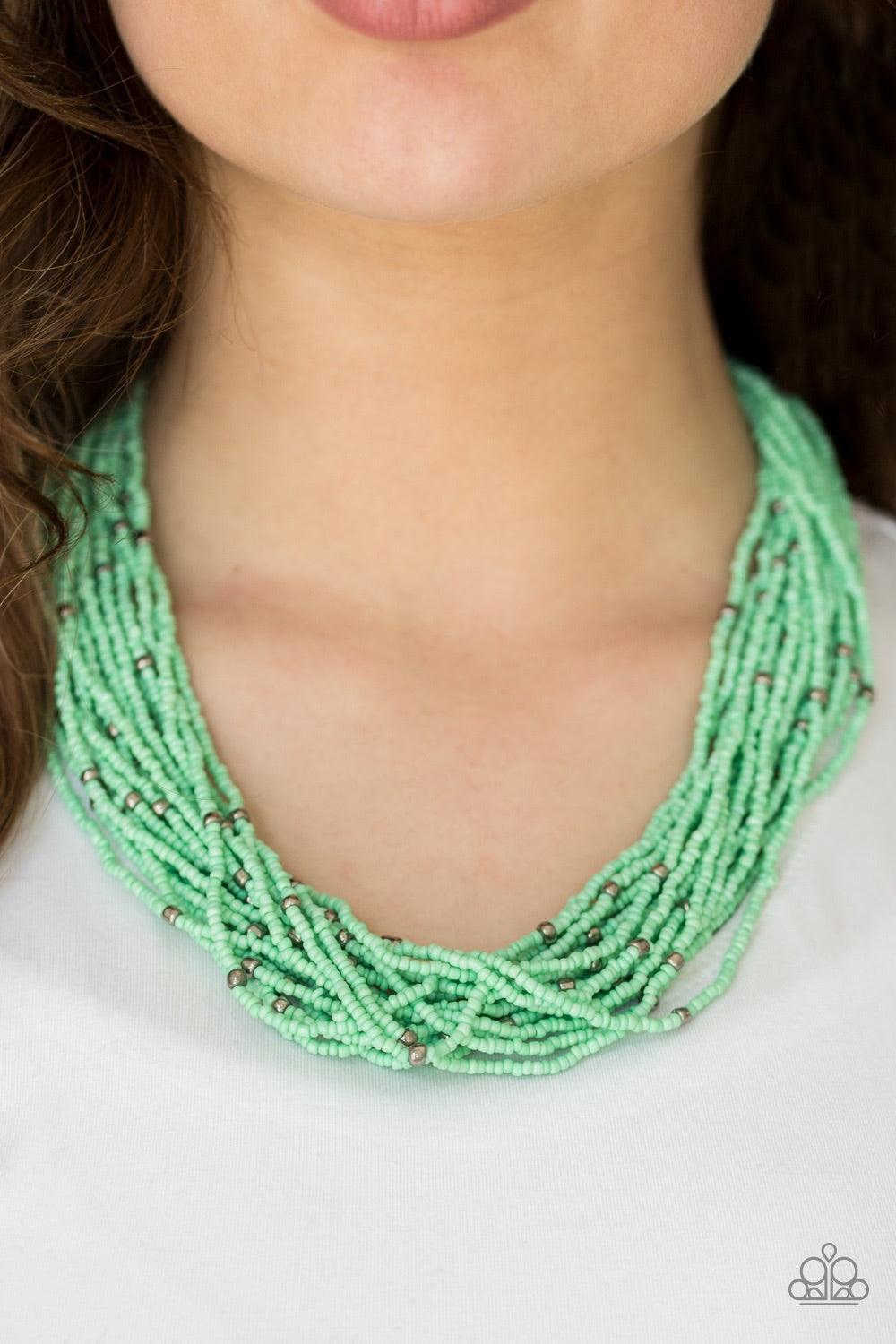 Paparazzi Accessories Summer Samba - Green Countless Spearmint seed beads drape into a gorgeous layered cascade below the collar. Dainty metallic accents are sprinkled between the colorful beads, adding irresistible hints of shimmer to the seasonal palett