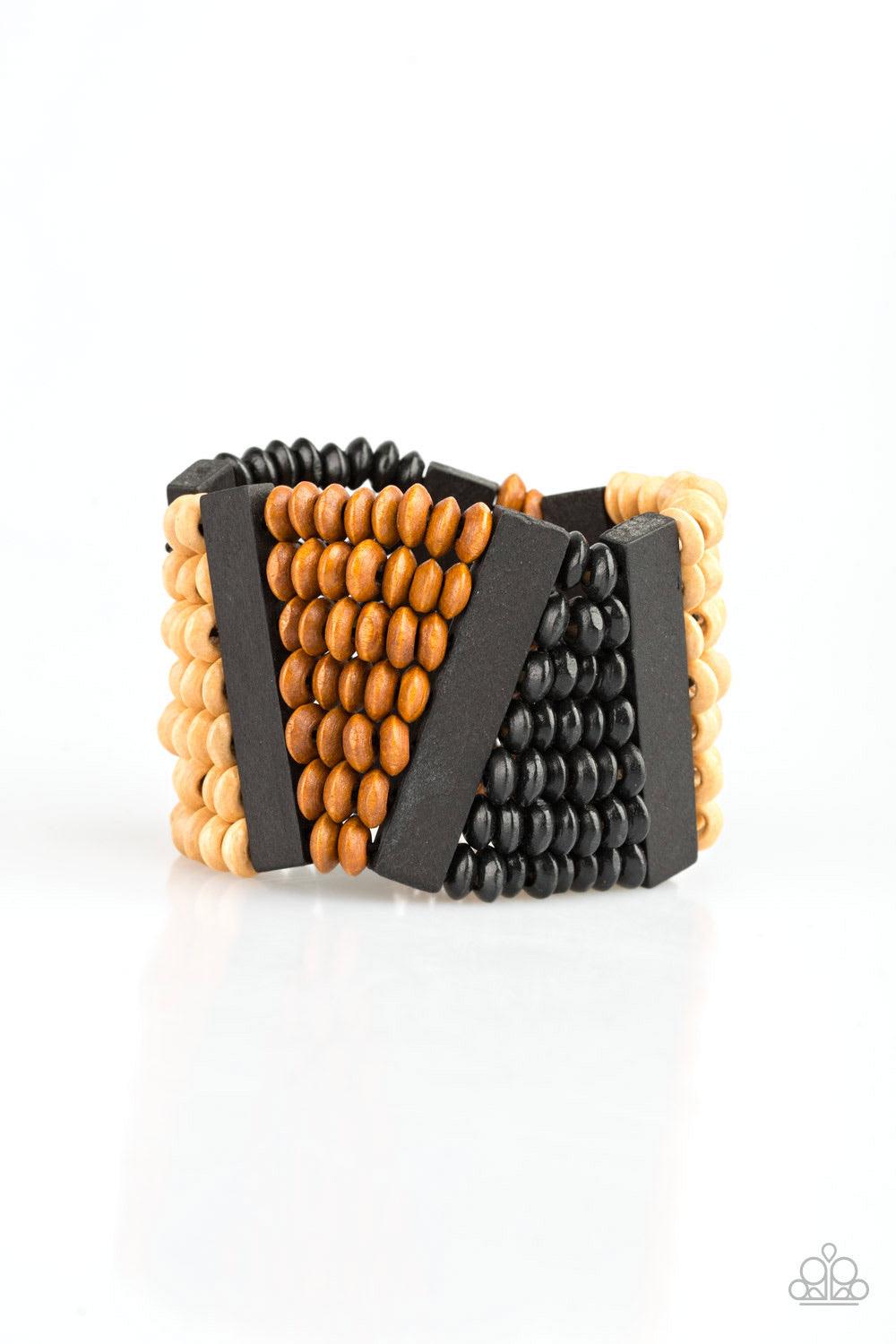 Paparazzi Accessories HAUTE In Hispaniola - Black A collection of round and rectangular wooden beads are threaded along stretchy bands, coalescing into an earthy beaded palette for a summery look. Sold as one individual bracelet. Jewelry