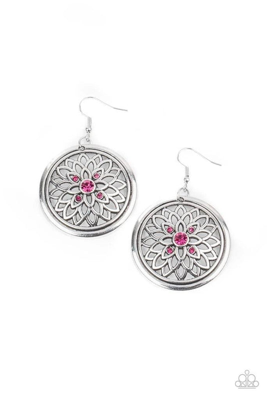 Paparazzi Accessories Mega Medallions - Pink Dotted with a glittery pink rhinestone center, airy silver petals bloom across the front of a rustic silver hoop, creating a sparkly medallion-like frame. Earring attaches to a standard fishhook fitting. Sold a