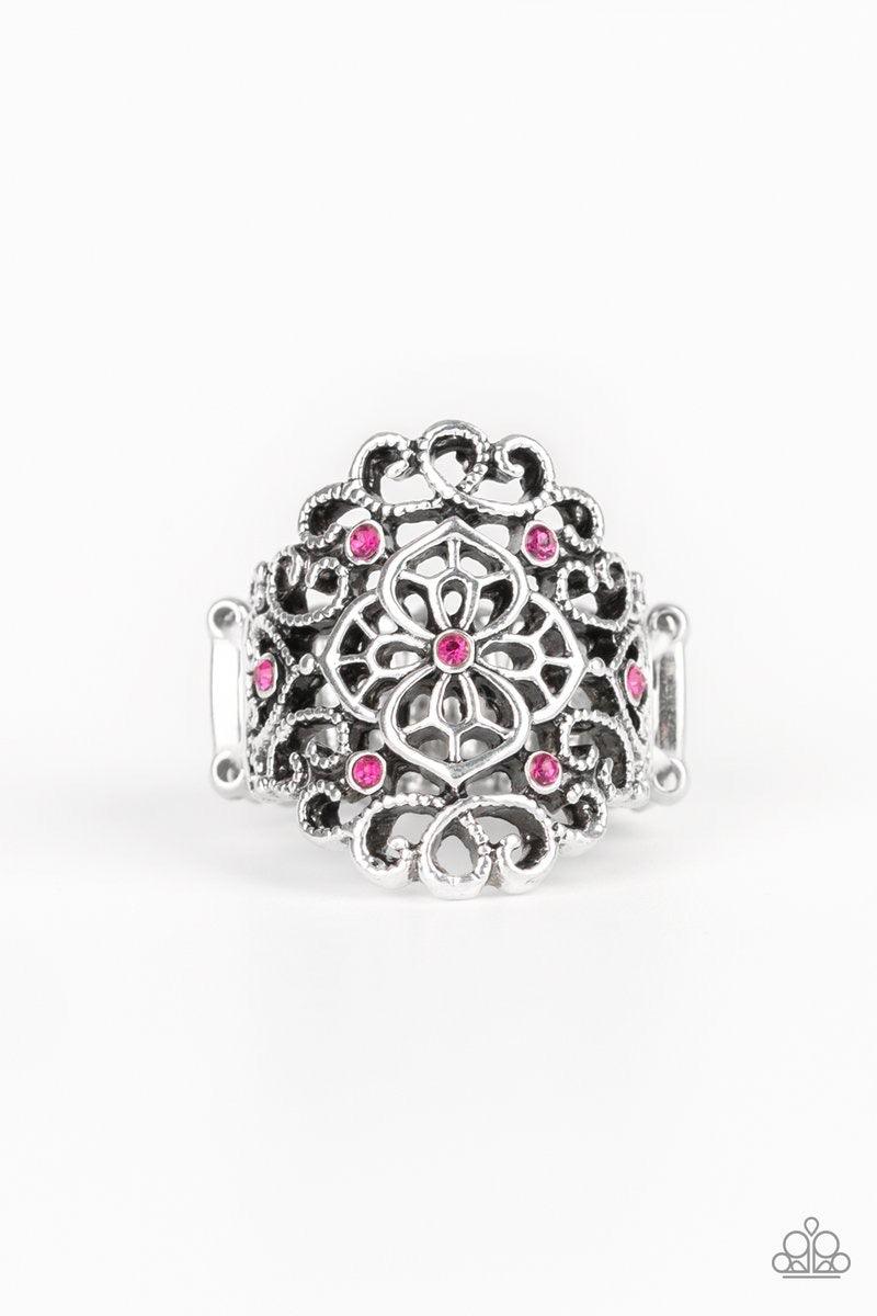 Paparazzi Accessories Grenada Gardens - Pink Dainty pink rhinestones are sprinkled along a frilly silver frame swirling with airy filigree for a refined flair. Features a stretchy band for a flexible fit. Jewelry