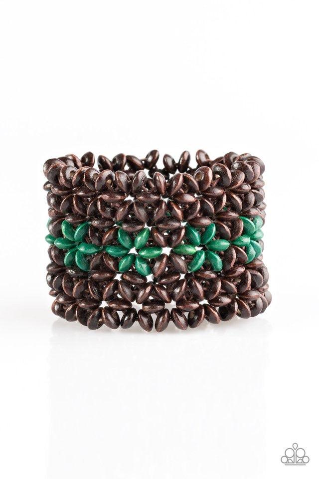 Paparazzi Accessories Bahama Babe - Green Earthy wooden accents are threaded along elastic stretchy bands, creating an ornate bracelet. Tinted in a vivacious finish, green wooden beads gather down the center, creating summery floral accents for a colorful