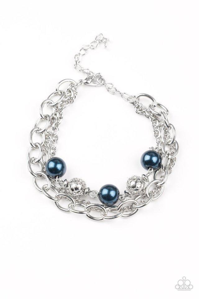 Paparazzi Accessories Vintage Variety ~Blue Wrapped in wire mesh, classic silver beads join pearly blue beads along a shimmery silver chain. Varying in size and shimmer, mismatched silver chains join the beaded strand around the wrist for a refined finish