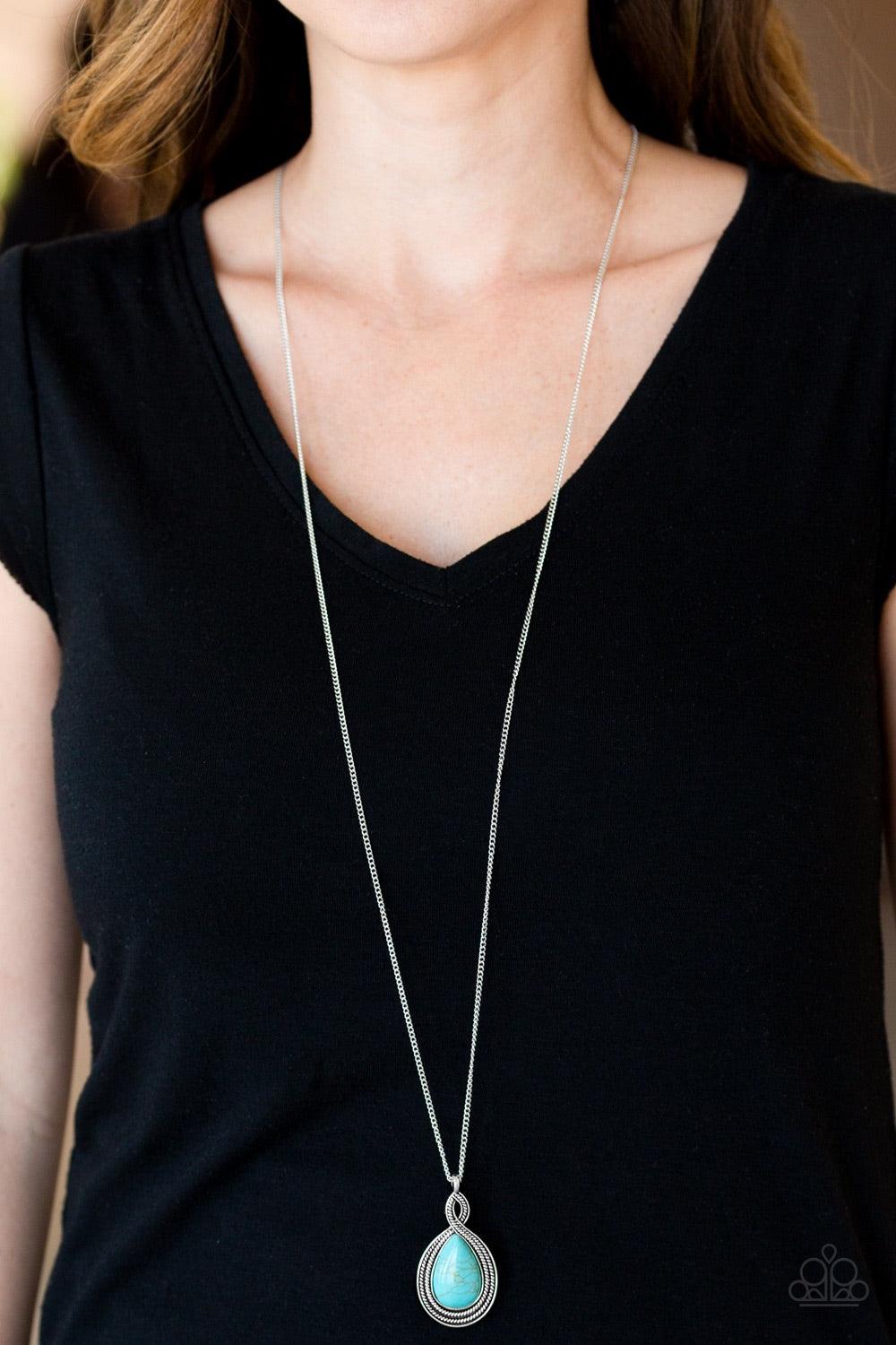 Paparazzi Accessories Ranch Rustler - Blue Filled with rope-like patterns, shimmery silver bars twist around a refreshing turquoise stone at the bottom of a lengthened silver chain for a seasonal look. Features an adjustable clasp closure. Jewelry