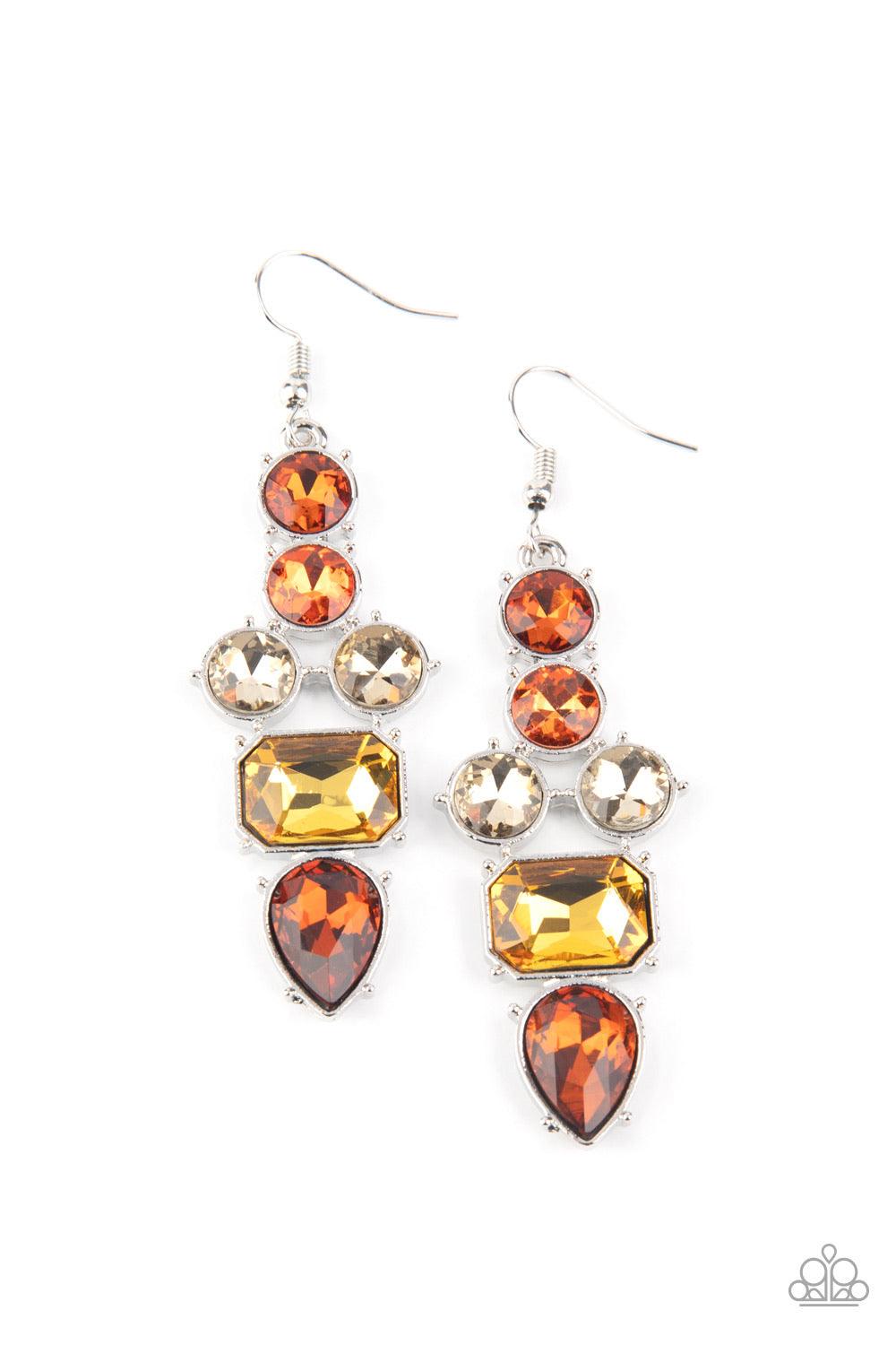 Paparazzi Accessories Look At Me GLOW! - Multi Featuring emerald, round, and teardrop shapes, a sparkly series of orange, golden, yellow, and topaz rhinestones coalesce into a dramatically regal lure. Earring attaches to a standard fishhook fitting. Sold