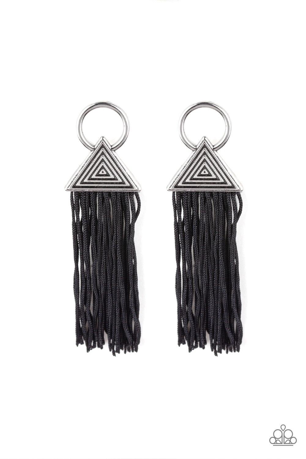 Paparazzi Accessories Oh My GIZA - Black Shiny black cording streams from the bottom of a hypnotic triangular frame attached to an airy hoop, creating a dramatically tasseled look. Earring attaches to a standard post fitting. Jewelry