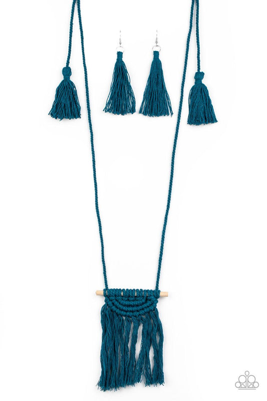 Paparazzi Accessories Between You and Macrame - Blue Refreshing Mosaic Blue cording delicately wraps around a dainty wooden dowel, knotting into a tasseled macramé centerpiece at the bottom of a dramatically lengthened display. Features an adjustable slid