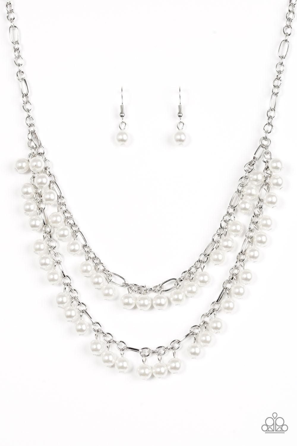 Paparazzi Accessories Beauty Shop Fashion - White Classic white pearls swing from the bottom of mismatched silver links, creating refined layers below the collar for a timeless look. Features an adjustable clasp closure. Sold as one individual necklace. I