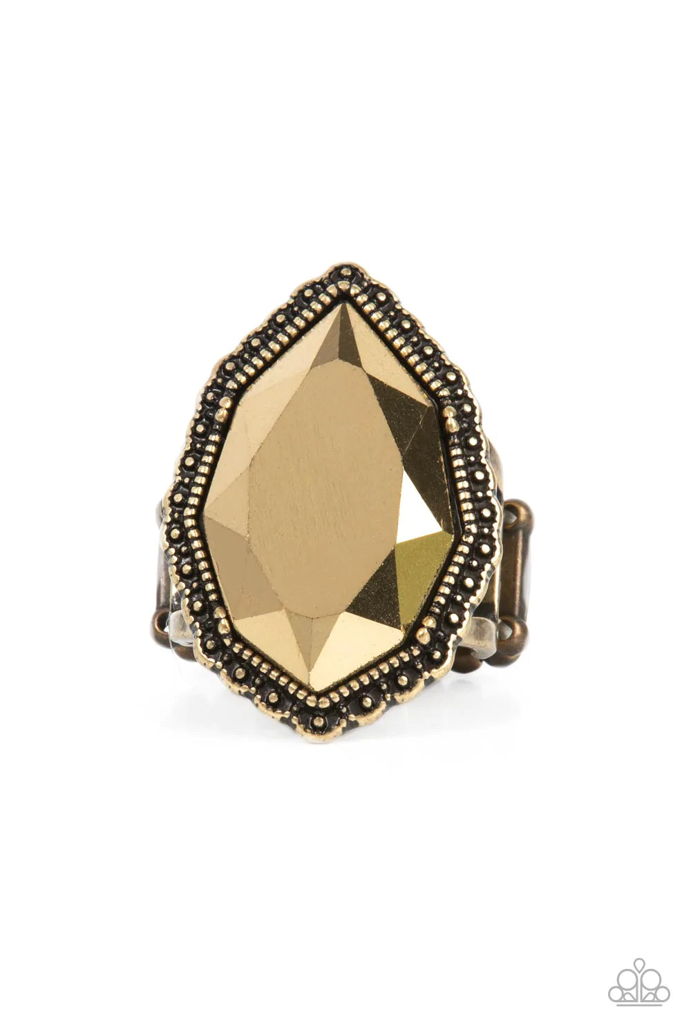 Paparazzi Accessories Avant-GRANDEUR - Brass An oversized faceted aurum gem is nestled inside a scalloped brass frame radiating with studded textures, resulting in a radiant centerpiece atop the finger. Features a stretchy band for a flexible fit. Sold as