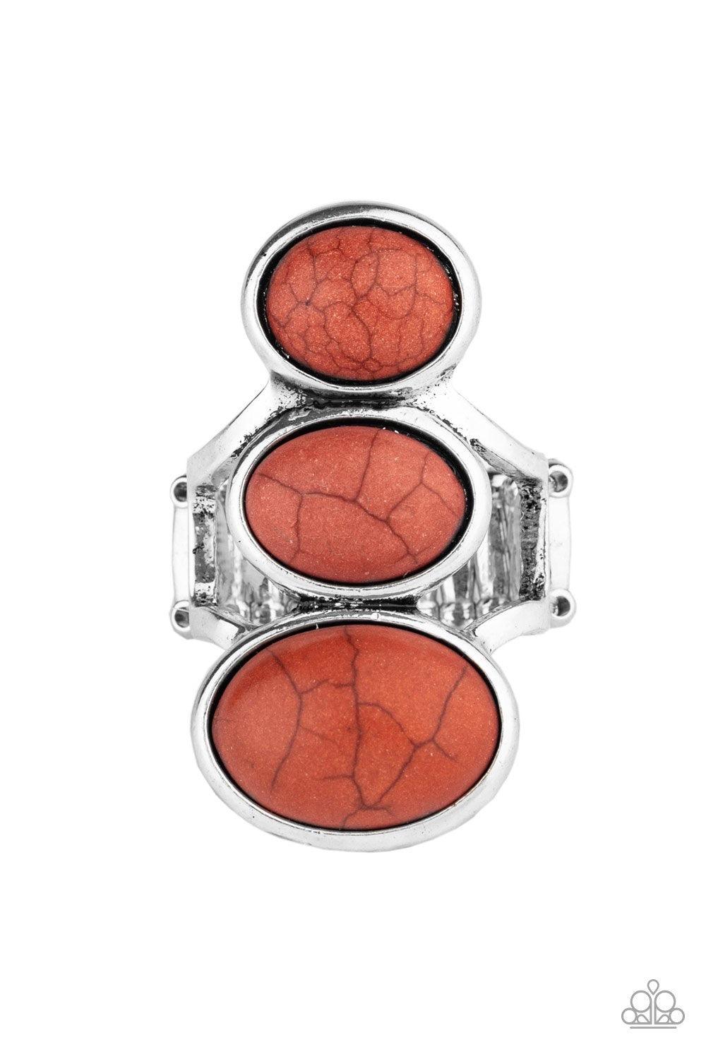 Paparazzi Accessories Rural Revolution - Brown Dotted with three brown stones set into a silver frame for a southwestern look. Features a stretchy band for a flexible fit. Jewelry