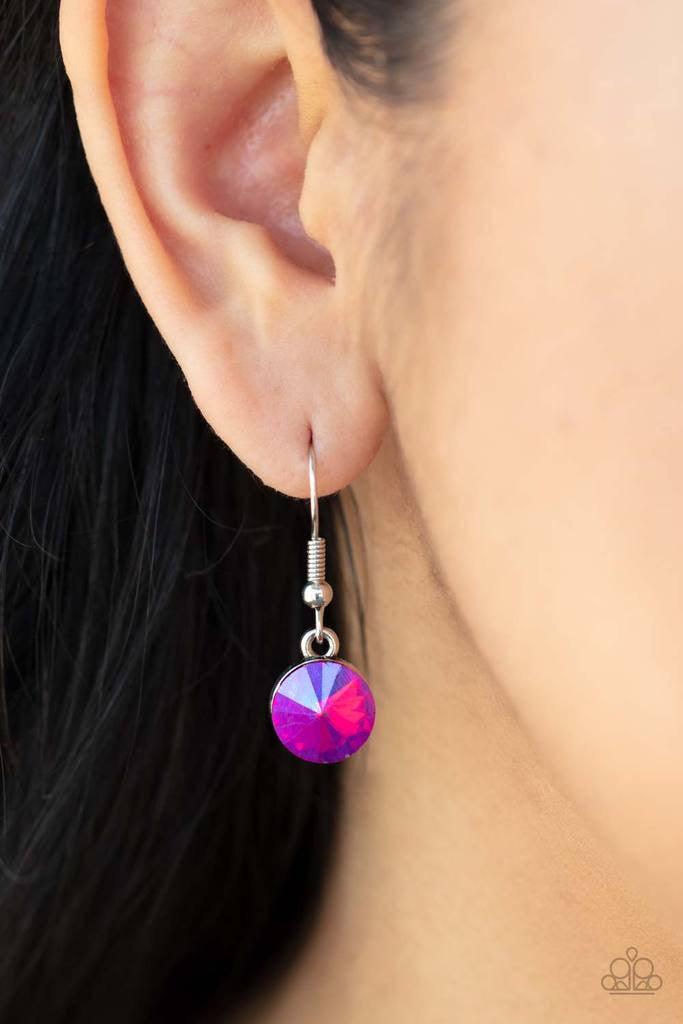 Paparazzi Accessories Futuristic Fashionista - Pink Featuring a stellar UV shimmer, mismatched iridescent Raspberry Sorbet gems adorn the front of hammered silver plates that abstractly connect below the collar for an out-of-this-world sparkle. Features a