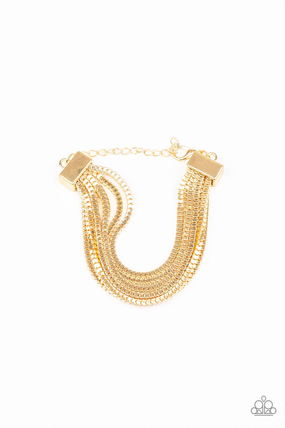Paparazzi Accessories Out of The Box - Gold Row after row of glistening gold box chains are strung between two bold gold fittings, creating dramatic industrial inspired layers across the wrist. Features an adjustable clasp closure. Jewelry