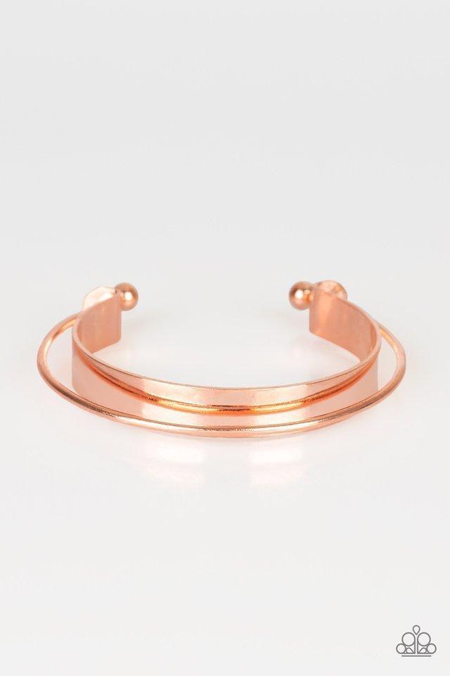 Paparazzi Accessories Avant- MOD - Copper Featuring shiny copper beaded fittings, a dainty shiny copper bar arcs over a flat shiny copper cuff and is fitted in place for a sleek, modern look. Jewelry