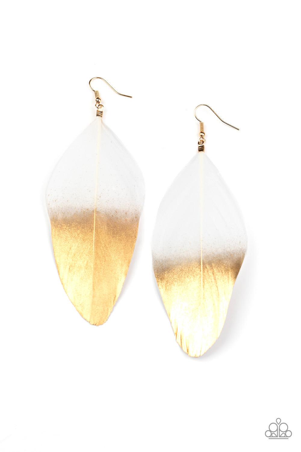 Paparazzi Accessories Fleek Feathers - White Dipped in a golden shimmer, a soft white feather fans from the ear in a statement-making fashion. Earring attaches to a standard fishhook fitting. Sold as one pair of earrings. Jewelry