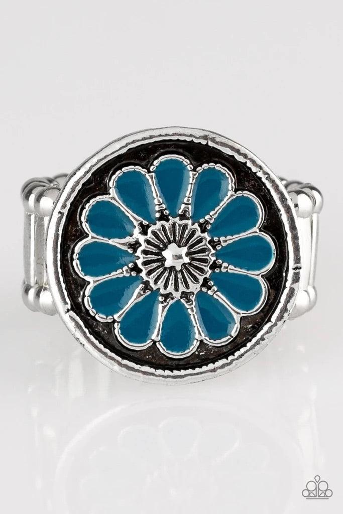 Paparazzi Accessories Garden View - Blue Brushed in an antiqued shimmer, refreshing blue petals spin into a whimsical floral pattern atop the finger. Features a stretchy band for a flexible fit. Sold as one individual ring. Jewelry