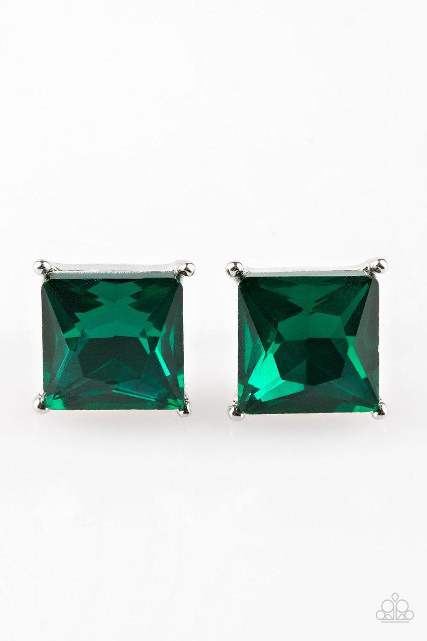 Paparazzi Accessories The Big Bang - Green Featuring a timeless princess style cut, a dramatic green gem is pressed into a sleek silver frame for a timeless look. Earring attaches to a standard post fitting. Jewelry
