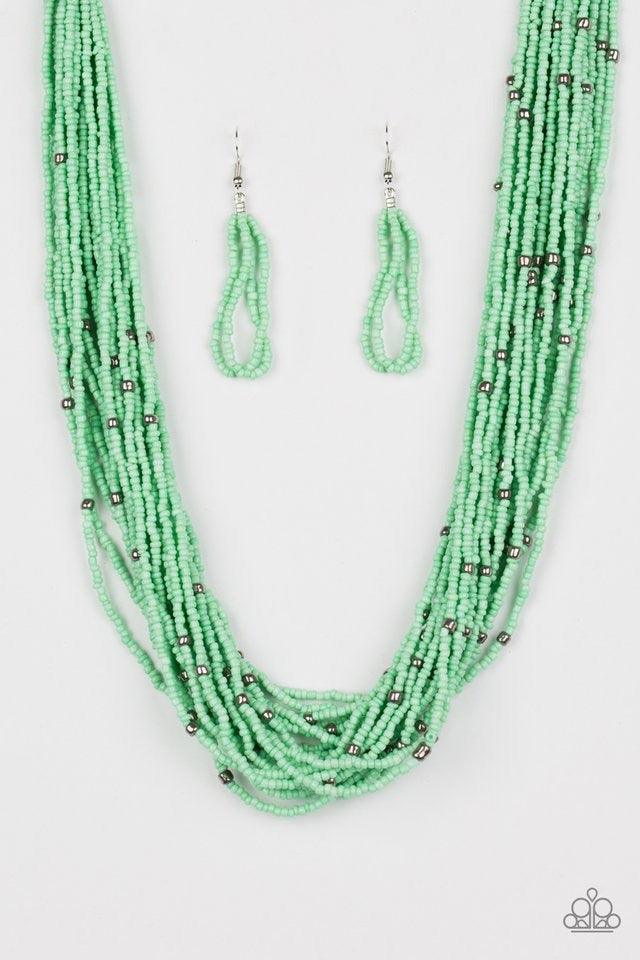Paparazzi Accessories Summer Samba - Green Countless Spearmint seed beads drape into a gorgeous layered cascade below the collar. Dainty metallic accents are sprinkled between the colorful beads, adding irresistible hints of shimmer to the seasonal palett