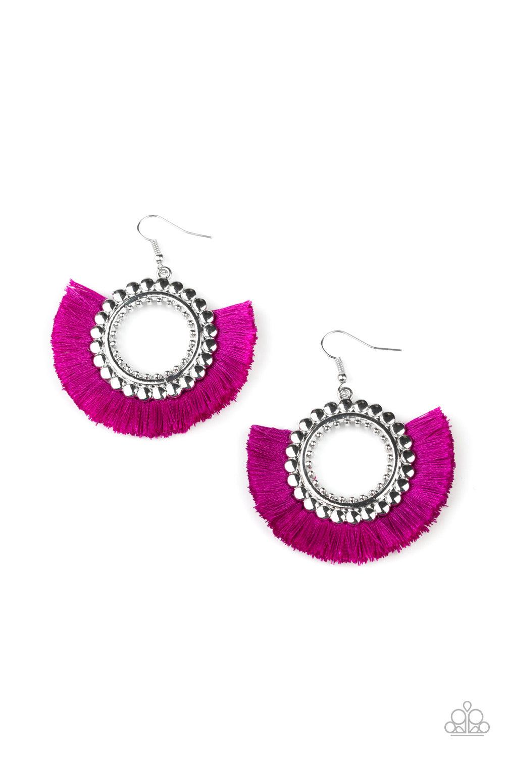 Paparazzi Accessories Fringe Fanatic - Purple Neon purple thread flares out from the bottom of a bubbly silver hoop, creating a vivacious fringe. Earring attaches to a standard fishhook fitting. Jewelry