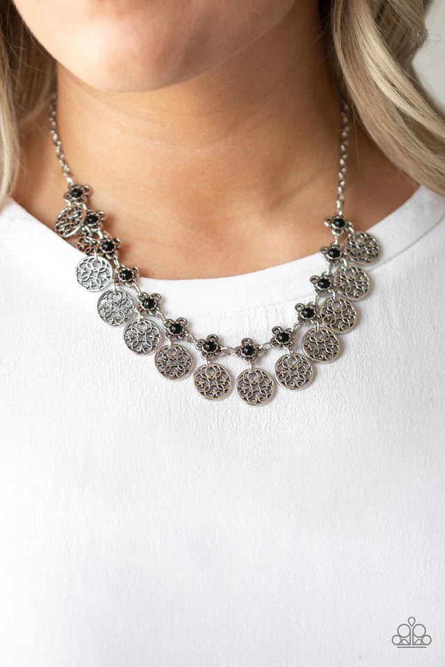 Paparazzi Accessories Mandala Movement - Black Silver mandala-like frames swing from the bottom of black beaded fittings, creating a flirtatious fringe below the collar. Features an adjustable clasp closure.Sold as one individual necklace. Includes one pa