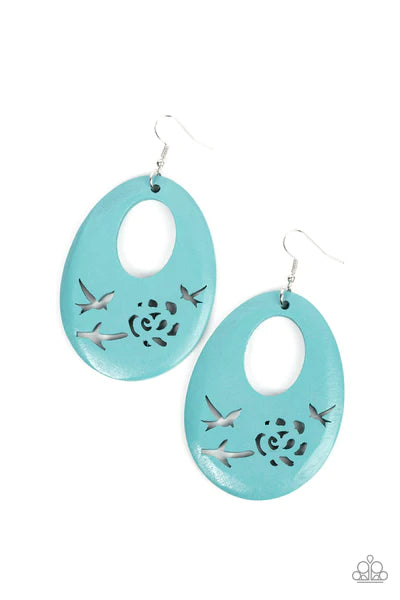 Paparazzi Accessories Home TWEET Home - Blue The bottom of a turquoise blue wooden teardrop frame features bird and floral cutouts, creating a whimsical centerpiece. Earring attaches to a standard fishhook fitting. Sold as one pair of earrings. Jewelry