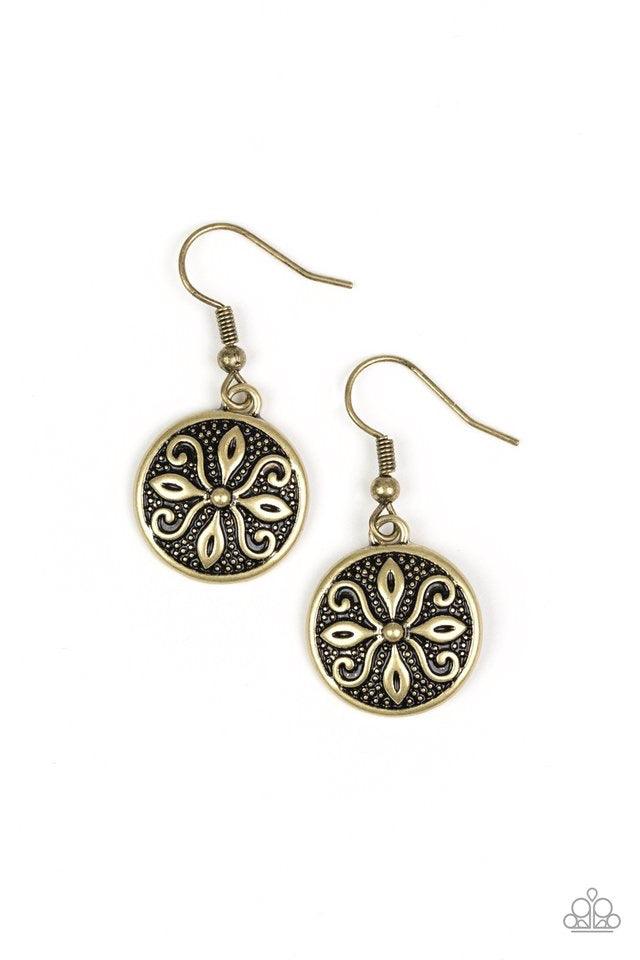 Paparazzi Accessories Tropical Trance - Brass Brushed in an antiqued shimmer, a dainty brass disc is embossed in a frilly tactile pattern for a seasonal flair. Earring attaches to a standard fishhook fitting. Jewelry