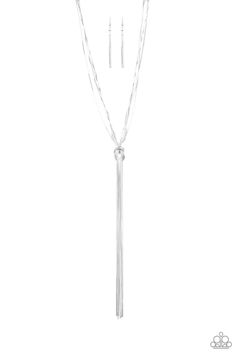 Paparazzi Accessories Forget Me Knot - Silver Dainty strands of glistening silver snake chain delicately knot into a timeless tassel for a refined flair. Features an adjustable clasp closure. Sold as one individual necklace. Includes one pair of matching