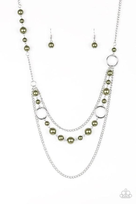Paparazzi Accessories Party Dress Princess - Green Pearly green beads and shimmery silver hoops trickle along glistening silver chains, creating mismatched layers down the chest. Features an adjustable clasp closure. Sold as one individual necklace. Inclu