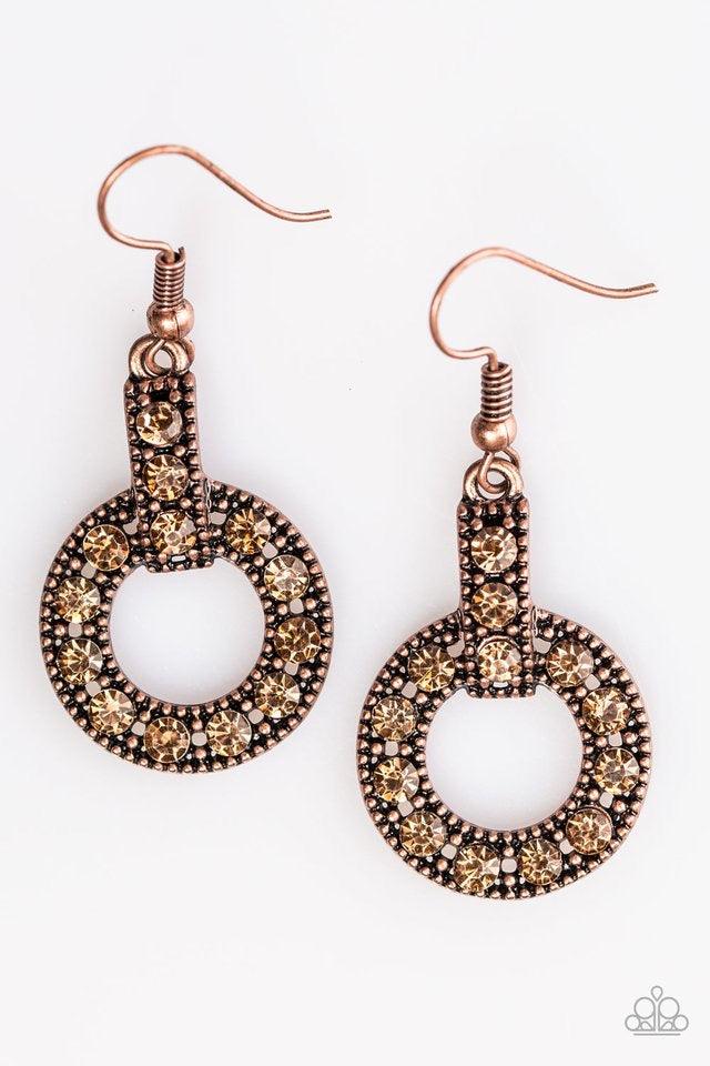 Paparazzi Accessories Midnight Ball - Copper Golden topaz rhinestones are encrusted along a shimmery copper hoop and frame, creating an elegant lure. Earring attaches to a standard fishhook fitting. Jewelry