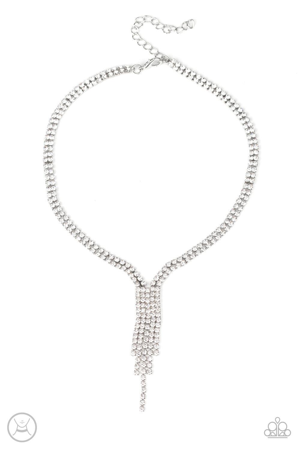 Paparazzi Accessories Double The Diva - White Interlocking strands of glittery white rhinestones wrap around the neck, creating double the drama as solitaire strands of rhinestones drip from a square center for a timelessly tasseled look. Features an adju