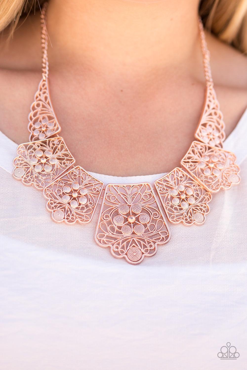 Paparazzi Accessories Native Nature - Rose Gold Featuring whimsical floral details, scalloped rose gold plates link below the collar in a dramatic fashion. Features an adjustable clasp closure. Jewelry
