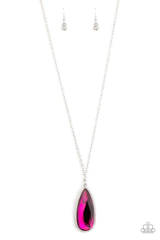 Paparazzi Accessories Watch Out For REIGN - Pink Bordered in a white rhinestone encrusted frame, an oversized Pink Peacock teardrop swings from the bottom of a lengthened silver chain, creating a regal pendant. Features an adjustable clasp closure. Sold a