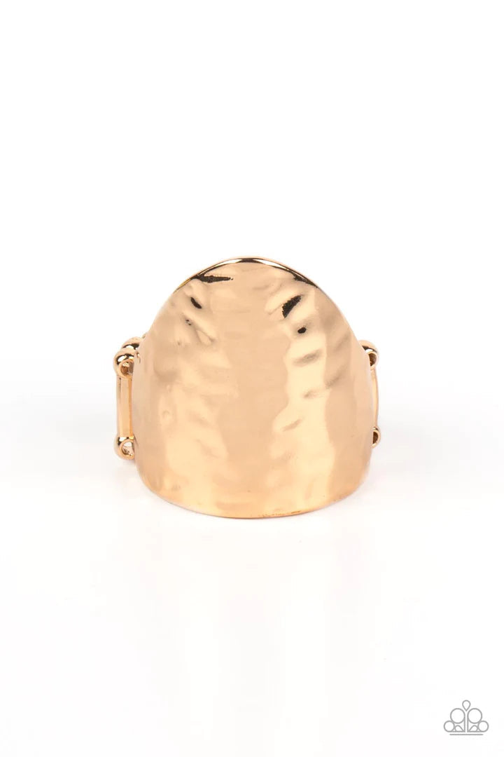 Paparazzi Accessories Basic Instincts - Gold Mirrored, reflective gold metal forms a thick cone, creating a solid statement piece perfect for any wardrobe. Features a stretchy band for a flexible fit. Sold as one individual Paparazzi ring. Jewelry