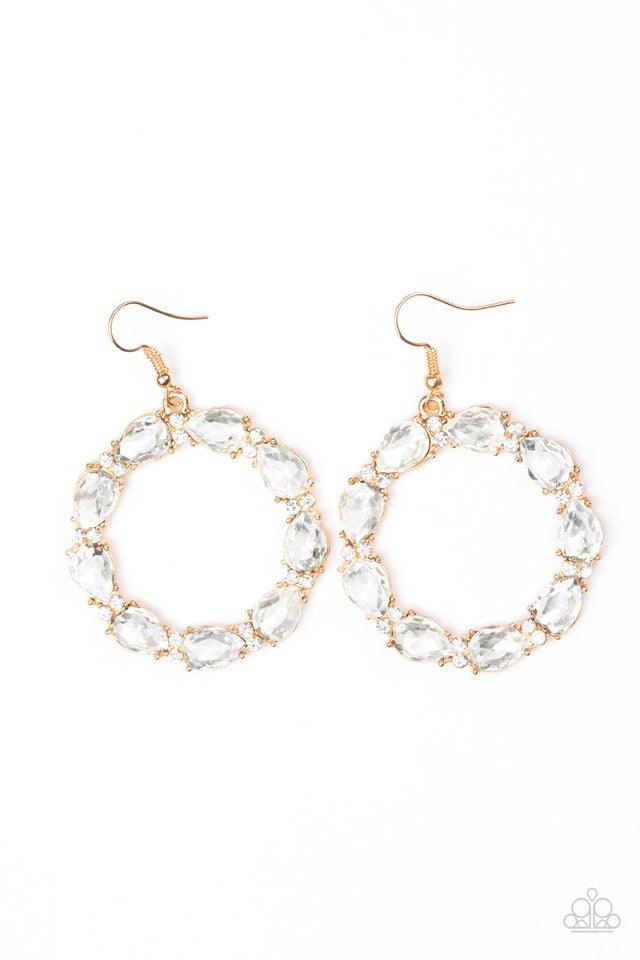 Paparazzi Accessories Ring Around The Rhinestones - Gold Glittery white rhinestones and white teardrop gems circle into a sparkling hoop for a glamorous look. Earring attaches to a standard fishhook fitting. Sold as one pair of earrings. Jewelry