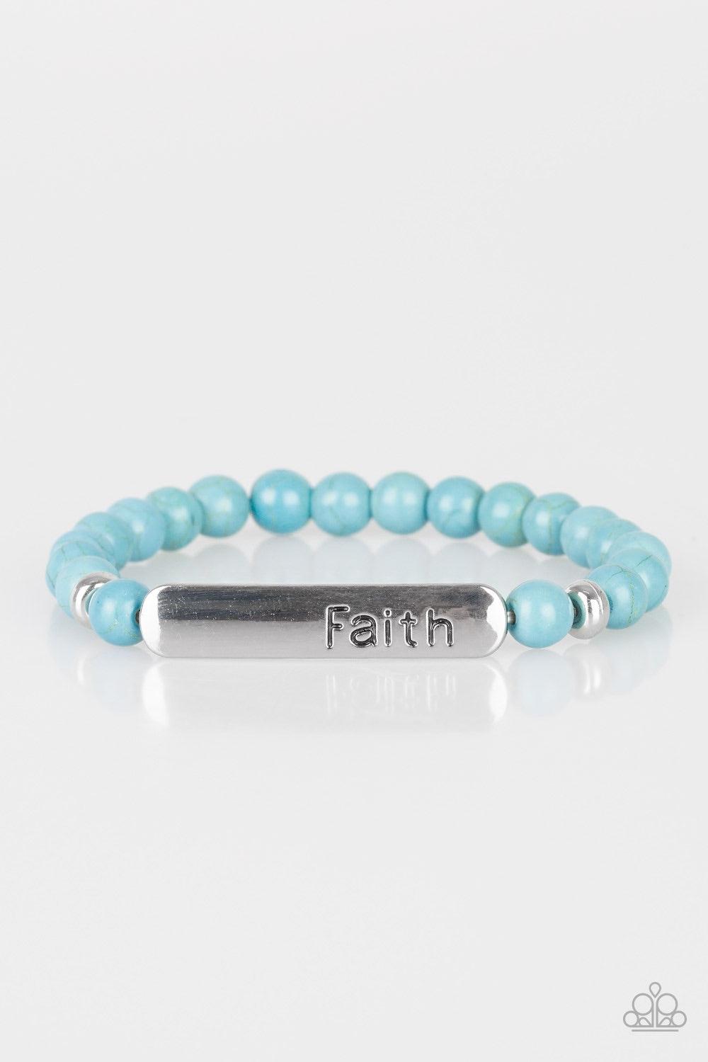 Paparazzi Accessories Fearless Faith - Blue Infused with dainty silver beads, refreshing turquoise stone beads and a glistening silver plate stamped in the word, "Faith" are threaded along a stretchy band for a seasonal look. Jewelry