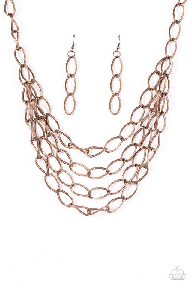 Paparazzi Accessories Chain Reaction - Copper Featuring a subtle twist, glistening copper links join below the collar in four bold layers for a fierce industrial look. Features an adjustable clasp closure. Sold as one individual necklace. Includes one pai
