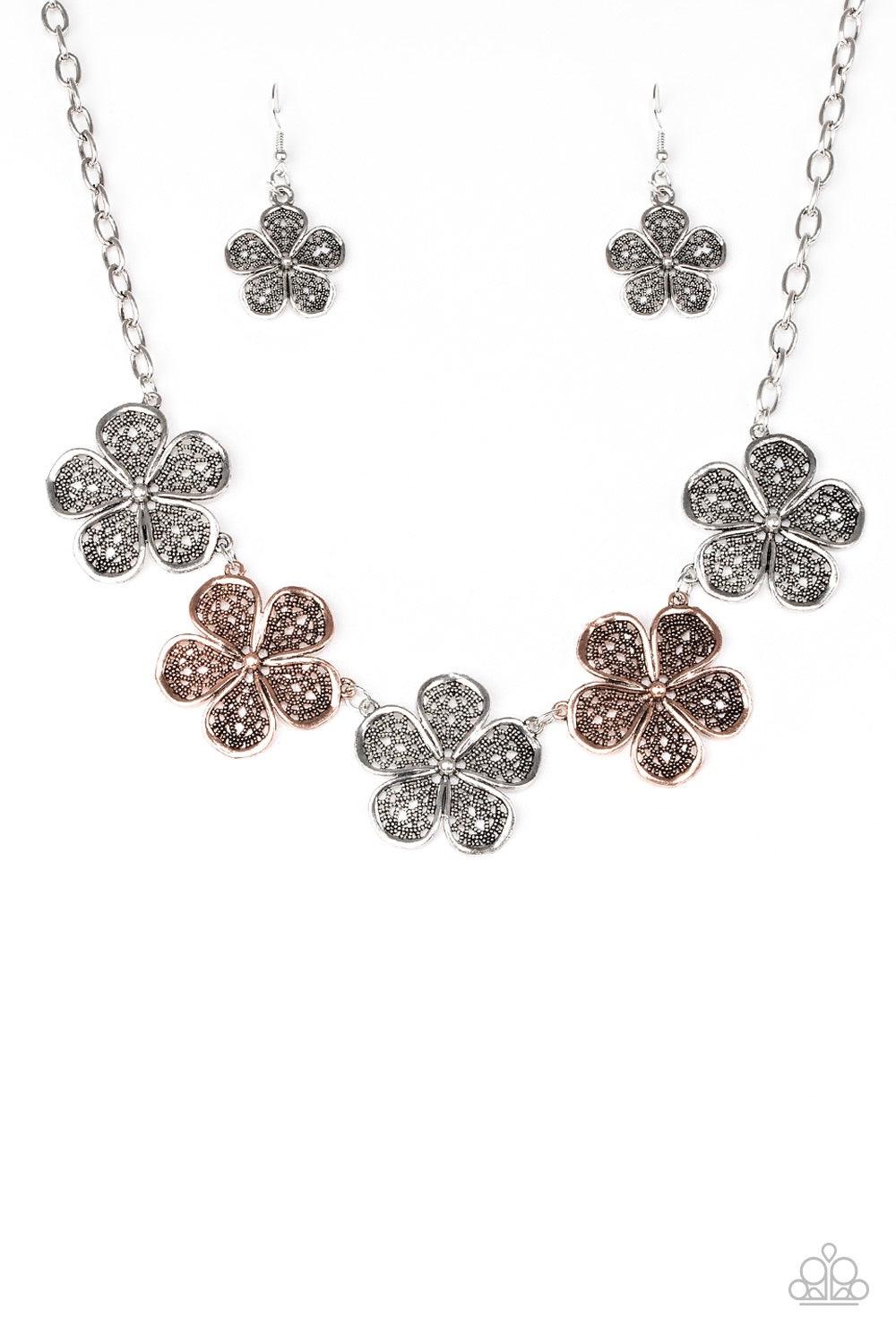 Paparazzi Accessories No Common Daisy - Multi Featuring lace-like petals, glistening copper and silver daisies link below the collar for a seasonal look. Features an adjustable clasp closure. Jewelry