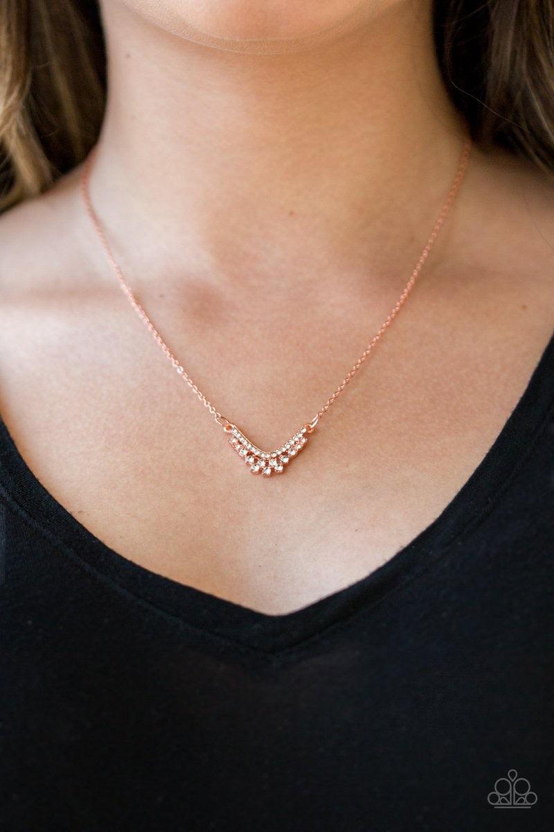 Paparazzi Accessories Classically Classic - Copper Encrusted in glassy white rhinestones, a dainty shiny copper pendant delicately bows below the collar in a timeless fashion. Features an adjustable clasp closure. Jewelry
