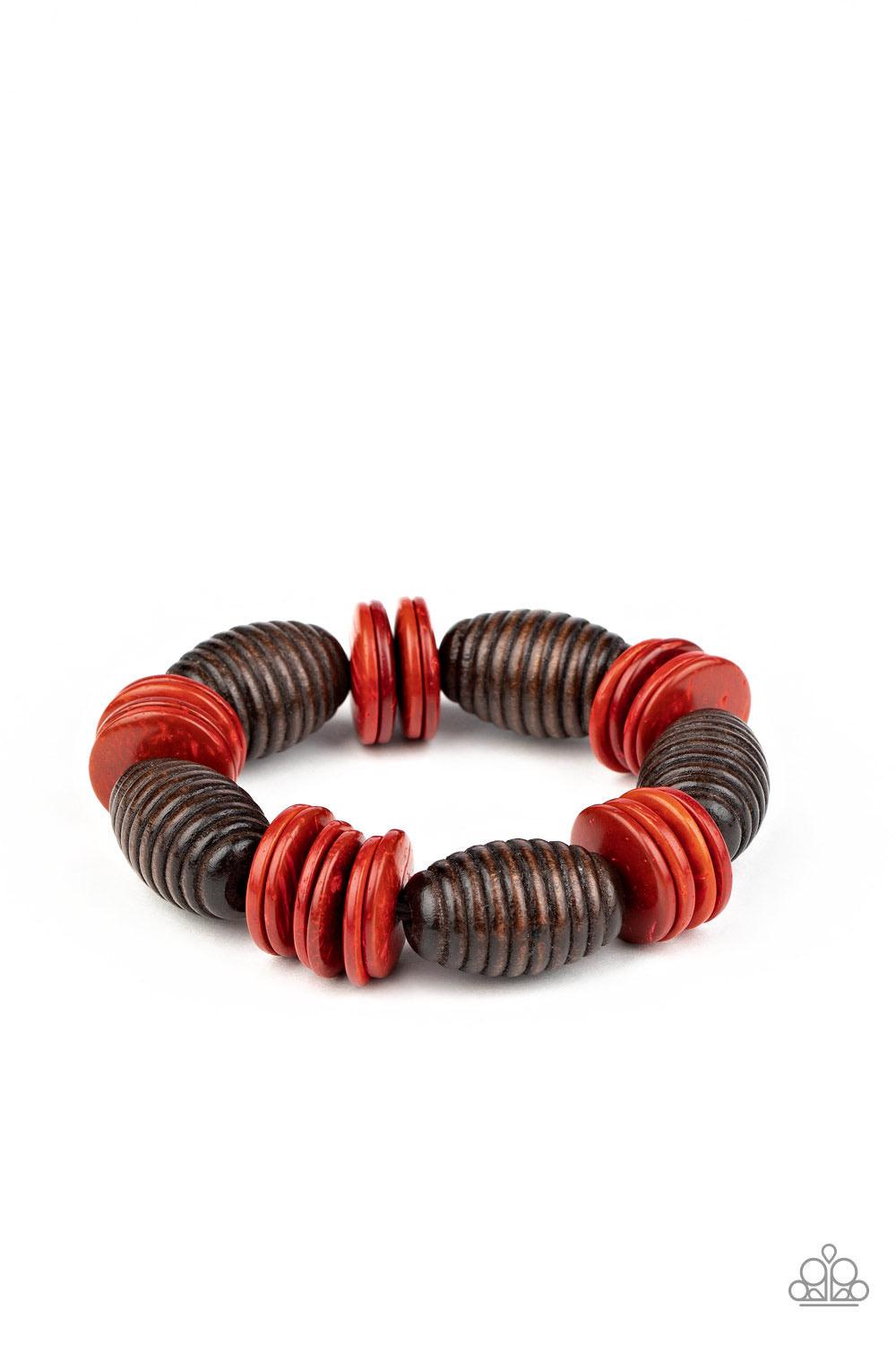 Paparazzi Accessories Caribbean Castaway - Red .A summery collection of oversized brown wooden beads and distressed red wooden discs are delicately threaded along stretchy bands around the wrist for a beach inspired fashion. Sold as one individual bracele
