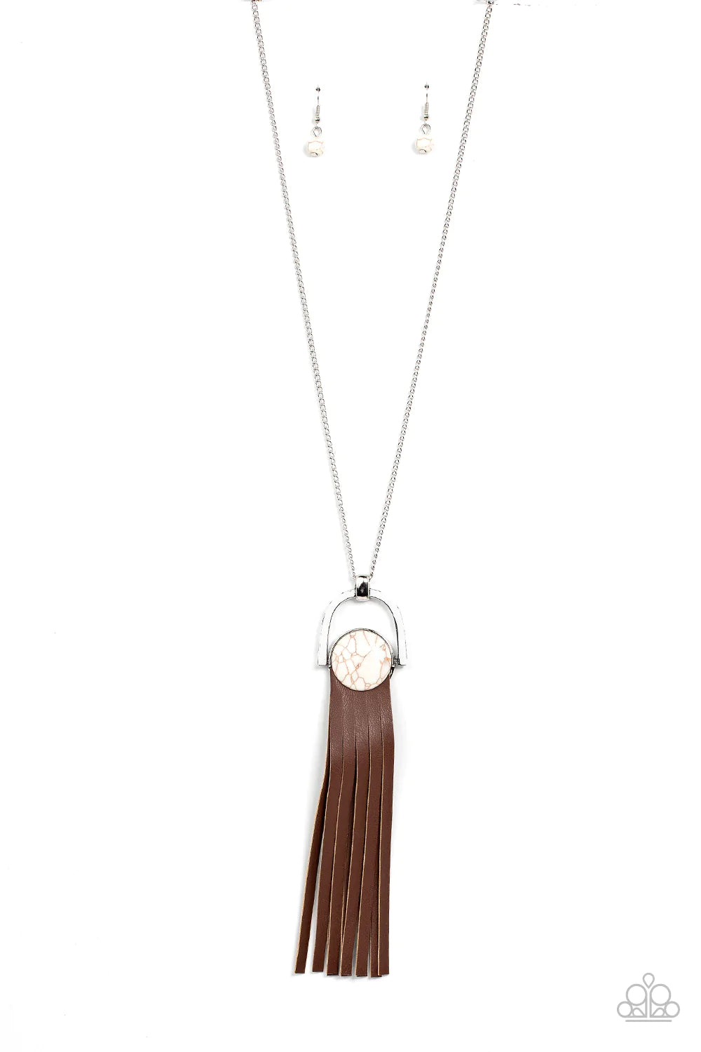 Paparazzi Accessories Winslow Wanderer - White Strips of brown leather fan out from the bottom of a round white stone that is threaded along a metal rod that attaches to the bottom of a silver horseshoe frame. The earthy pendant swings from the bottom of