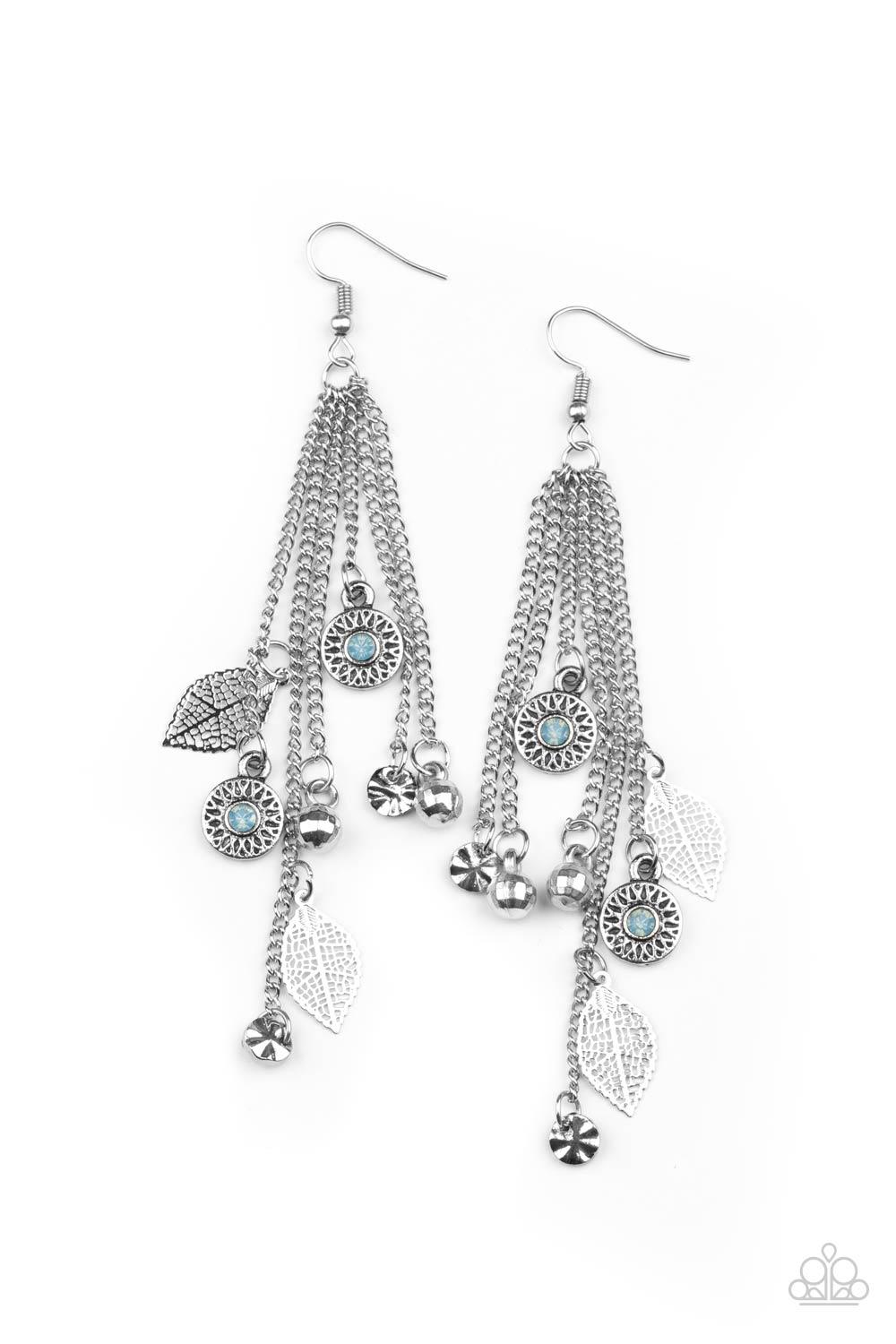 Paparazzi Accessories A Natural Charmer - Blue Dewy Cerulean rhinestone dotted frames, airy silver leaves, silver disco ball-like beads stream from the bottoms of dainty silver chains, creating a whimsically tasseled display. Earring attaches to a standar