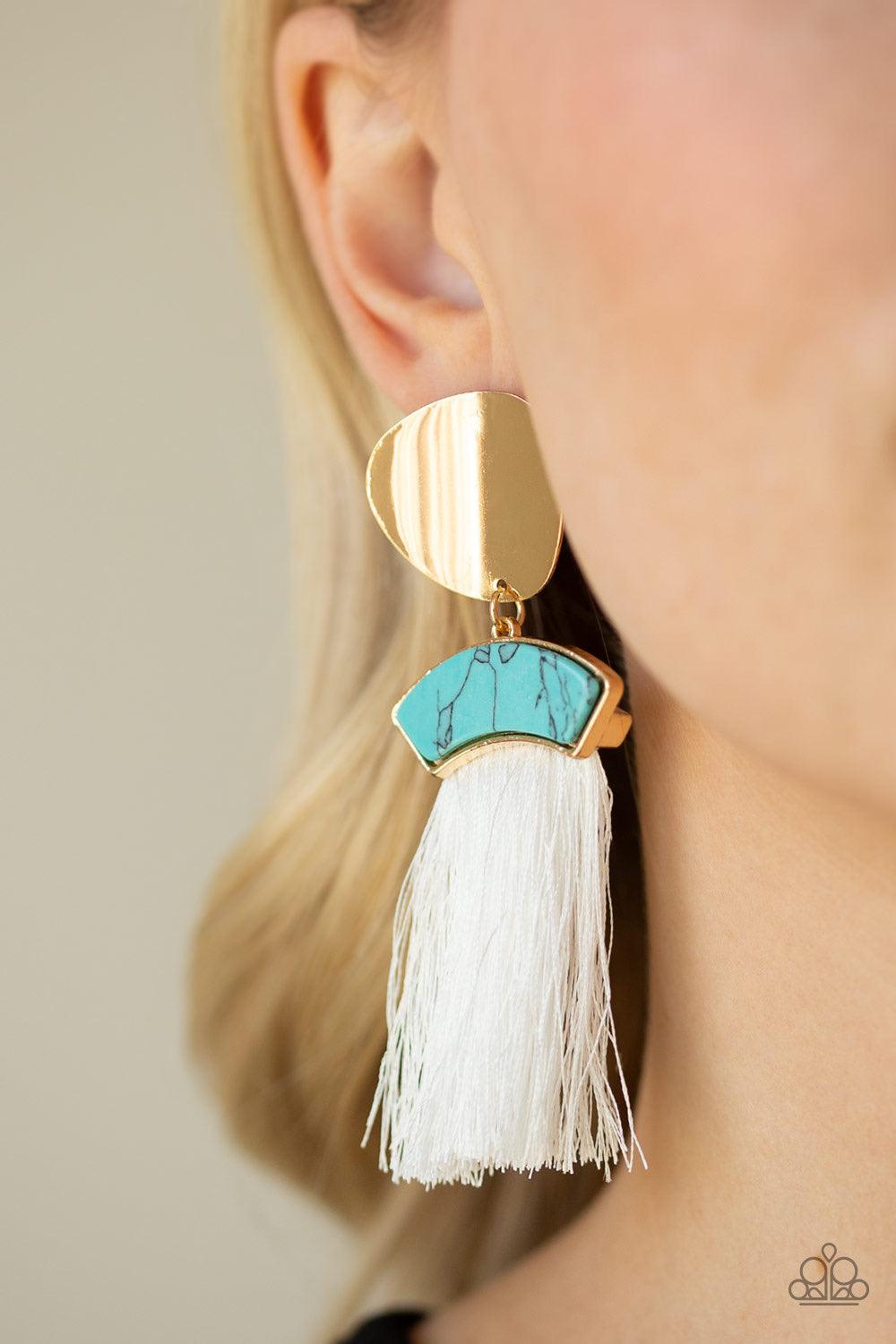 Paparazzi Accessories Insta Inca - Blue A plume of shiny white thread streams from the bottom of a turquoise stone frame that links with an asymmetrical gold disc, creating a flirtatious tassel. Earring attaches to a standard post fitting. Jewelry