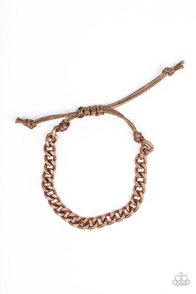 Paparazzi Accessories Tiebreaker - Copper Shiny brown cording knots around the ends of a dainty copper beveled cable chain that is wrapped across the top of the wrist for a versatile look. Features an adjustable sliding knot closure. Sold as one individua
