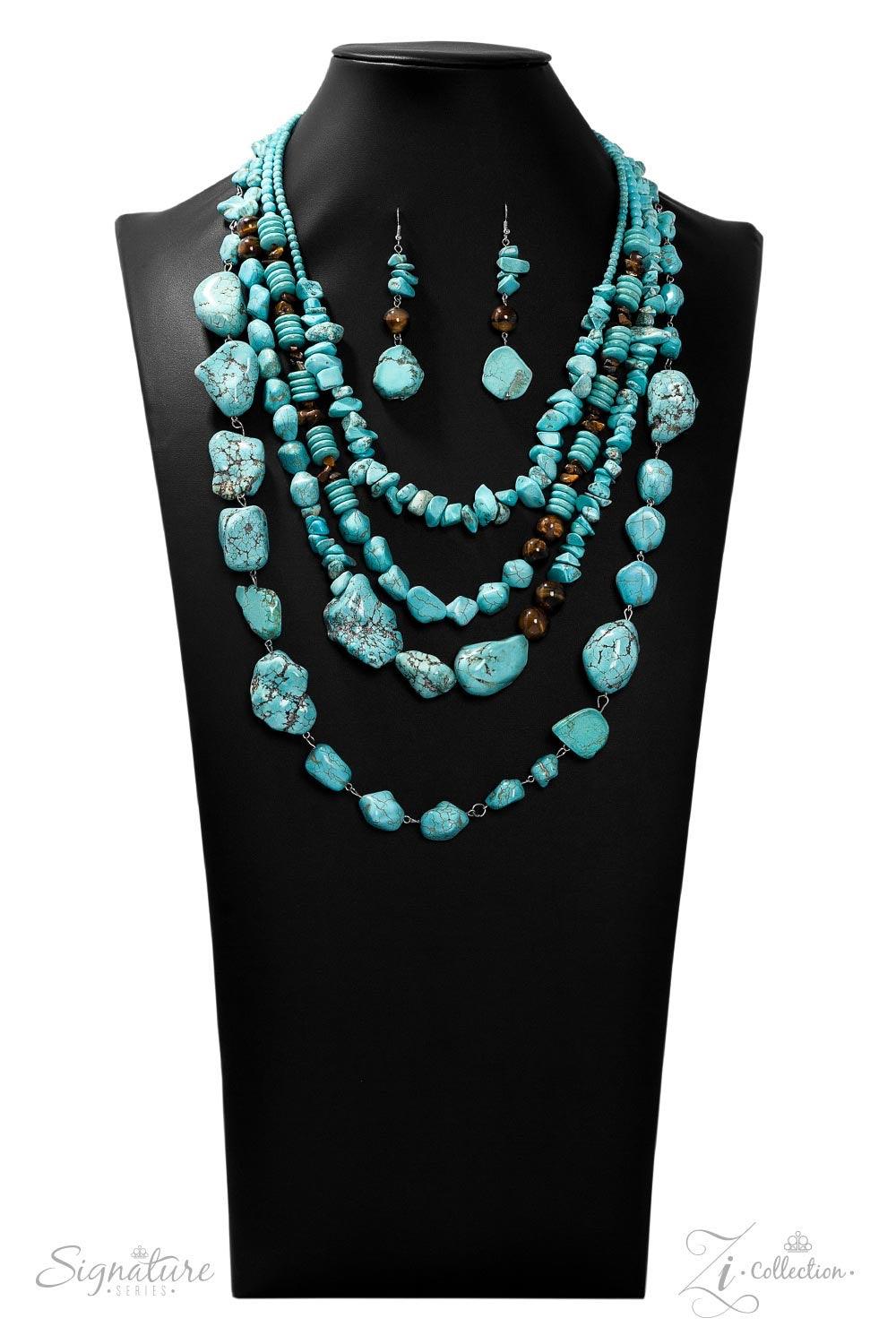 Paparazzi Accessories The Monica 💗ZiCollection $25💗 Joined together by silver fittings, strand after strand of turquoise stones and tiger's eye accents layer down the chest in this groundbreaking look. Featuring round, raw, and pebble-like finishes, the