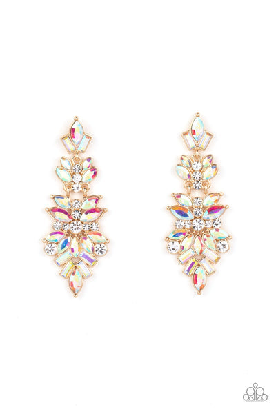 Paparazzi Accessories Frozen Fairytale - Multi Featuring white and iridescent finishes, trestles of round, marquise, and emerald cut rhinestones cluster into three sparkly segments as they link into a jaw-dropping lure. Earring attaches to a standard post