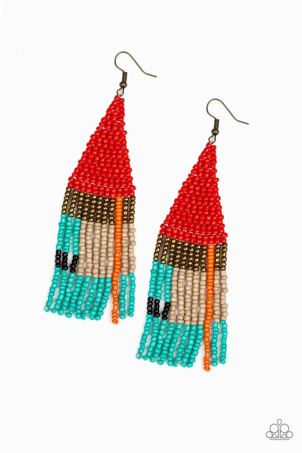 Paparazzi Accessories Beaded Boho - Red Featuring red, brass, orange, blue, black, and brown seed beads, dainty beaded tassels swing from a beaded triangular frame for a colorful tribal look. Earring attaches to standard fishhook fitting. Jewelry
