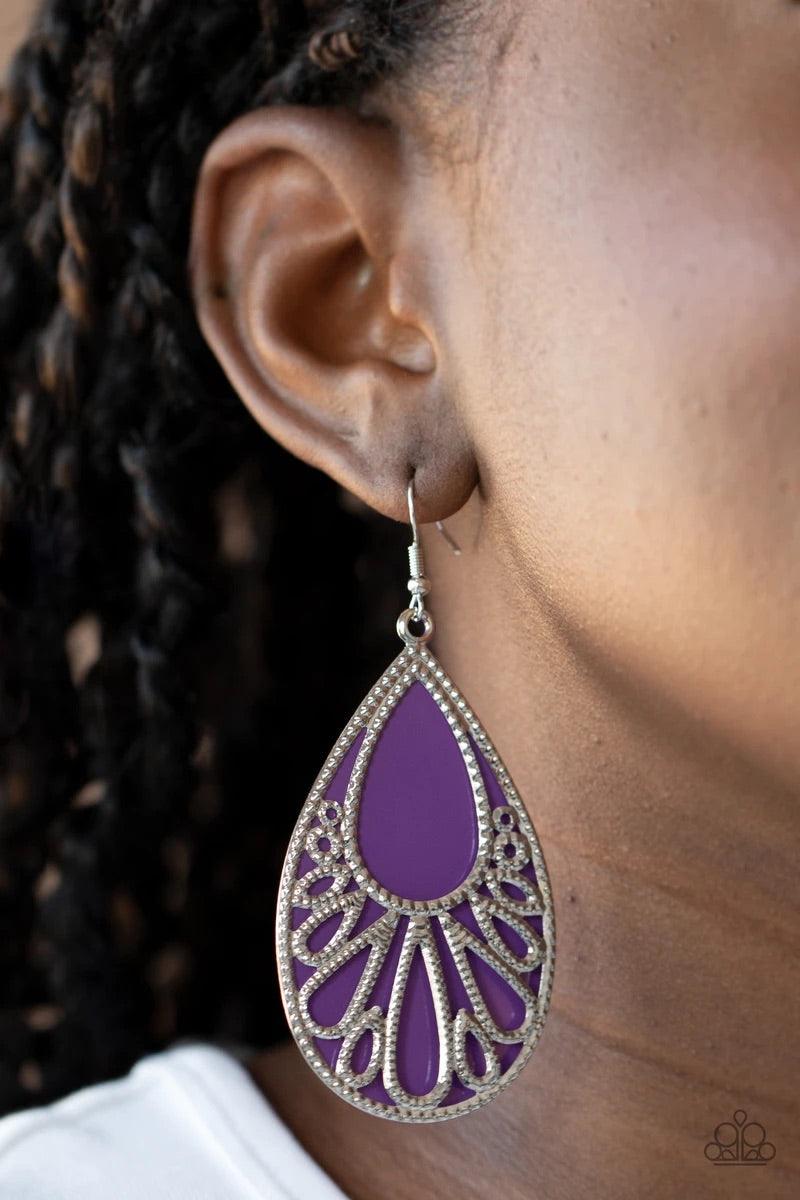 Paparazzi Accessories Loud And Proud - Purple Stenciled with studded filigree, an airy silver teardrop overlaps atop a purple acrylic teardrop frame, creating a flamboyant lure. Earring attaches to a standard fishhook fitting. Sold as one pair of earrings