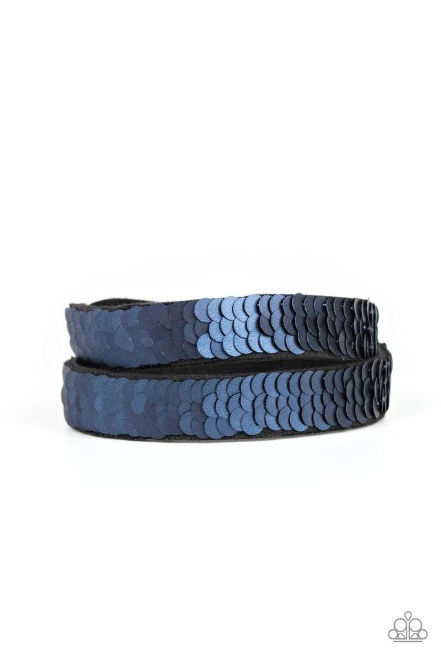 Paparazzi Accessories Under The SEQUINS ~Blue Row after row of shimmery sequins are stitched across the front of a lengthened black suede band. The elongated band allows for a trendy double wrap design. Bracelet features reversible sequins that change fro