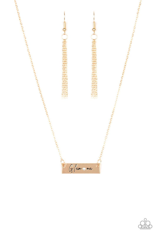 Paparazzi Accessories The GLAM-Ma - Gold Dotted with a dainty white rhinestone, a gold rectangular frame stamped in the sassy word, "Glam-ma", is suspended below the collar by a dainty gold chain for a glamorous look. Features an adjustable clasp closure.