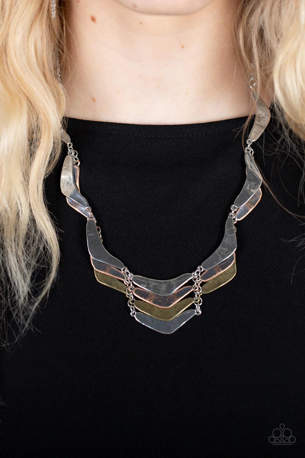 Paparazzi Accessories Mixed Metal Mecca - Silver Featuring a rustic hammered finish, boomerang shaped silver, brass, and copper plates delicately link into artisan-inspired layers below the collar. Features an adjustable clasp closure. Sold as one individ